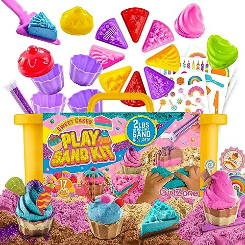 GirlZone Play Sand Kit for Kids - Small Multicolor, 2 lb Moldable Colored Sand, Sweet Cakes Style - 17 Tools for Toys & Art Creations - Creative Kid Play & Cake Design Ages 3-5