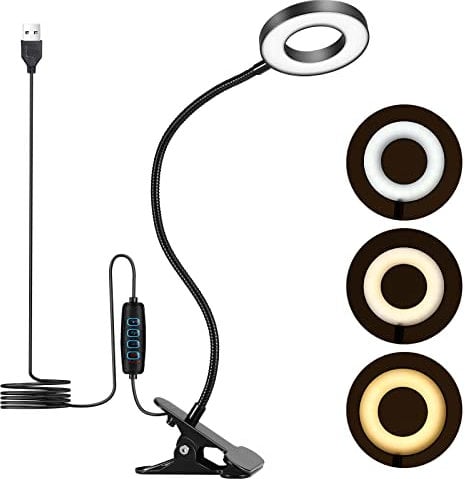 UNIFUN Clip On Reading Light, 3 Colors & 10 Dimmable Brightness, 48pcs LEDs,Flexible USB Clamp Bedside Lamp,Eye Care Clip LED Desk Lamp for Studying/Working/Reading/Gaming(Black)
