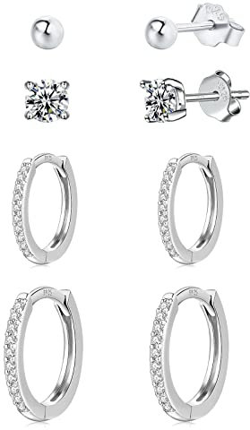 4 Paar Ohrstecker Set für Damen, Creolen Silber 925 Klein mit AAA+ Zirkonia, Knorpel Helix Ohrringe für Mädchen Herren - 4/5/10/12mm (Silber)