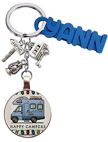 Porte-Clés Original, Bijoux de Sac, Vanlife, Camping-Car, Caravane, Combi, Van, Fourgon, avec Charms, Porte Clef pour Homme ou Femme, Personnalisable, avec ou sans Prénom (Style 1 avec Prénom)
