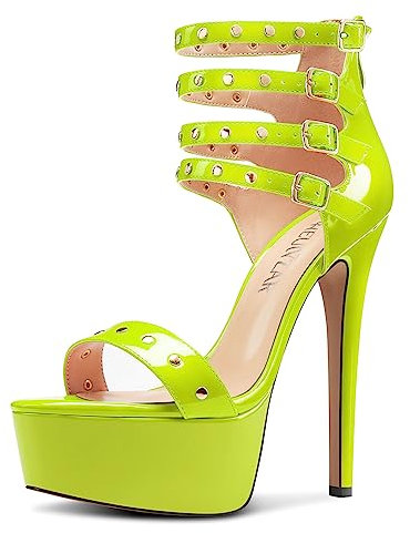 HEUIVZAR Mujer Plataforma Aguja Alto High Heel Abierta Punta Sandalias Correa Tobillo Cremallera Cierre con Hebilla Fiesta Verano Zapatos Verde Lima 42 EU