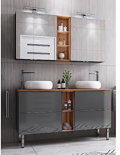 Lomadox Bad Waschplatz Set, Waschtisch stehend, in Wotan Eiche Nb. und Hochglanz grau, B/H/T ca. 141/200/46,1 cm