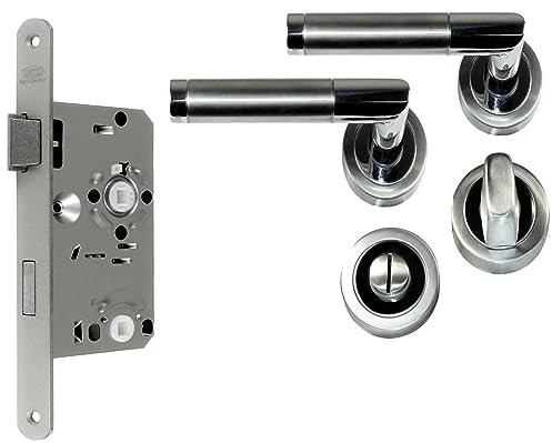 WC/BAD Komplett Set, Design Rosetten Beschlag L-Form (beidseitig Drücker) + Badezimmer BAD Schloss incl. (DIN Links)