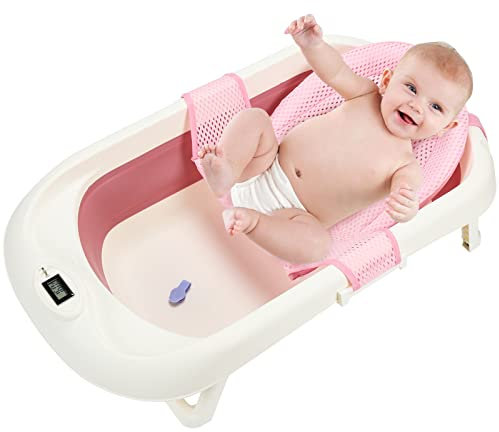 Cecaylie Babywanne Faltbare Babybadewanne | 50L Baby Badewanne mit Thermometer | Umweltfreundliches PP+TPE | Inkl. Badenetzund und Badelöffel | Badewanne Baby für Babys 0-6 Jahre-Rosa