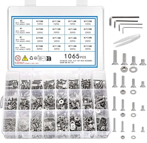 KOXXIAMOQ 1065 Pezzi Kit di Viti Testa Piatta con Chiave Esagonale da, con Dadi e Rondelle, M2 M3 M4 M5, Inossidabili, per Macchine e Assortimento di Dadi(1065)