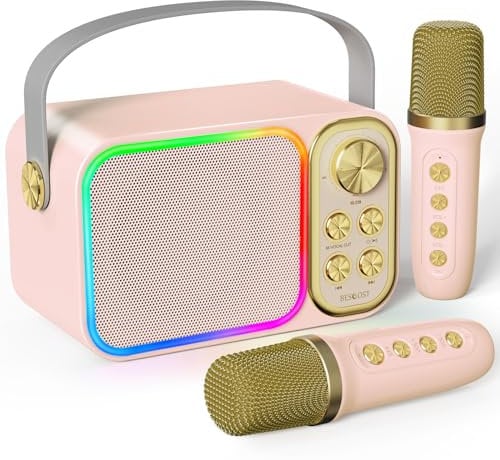 BESCOST LED Karaoke Maschine mit 2 Mikrofonen, Mini Karaoke Anlage mit 7 Stimmeffekten, tragbare Bluetooth Karaoke Lautsprecher für Kinder & Erwachsene, Perfekt für Partys und Familientreffen