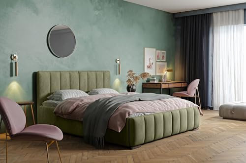 MARPUR Polsterbett Nero mit Kopfteil, 120x200 cm, Doppelbett mit Bettkasten und Lattenrost aus Holz, Velourstoff: Grün