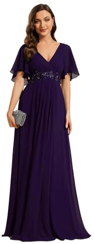 Ever-Pretty Vestito Donna Elegante Scollo a V Maniche a Volant Stile Lungo Abito Cerimonia Donna Chiffon Chic Viola Scuro 40