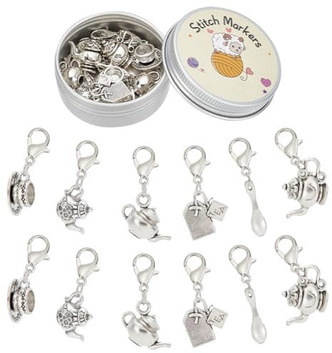 PLIGREAT 12 Pcs Silver Tea Pot Teacup Charms Crochet Stitch Marker Knitting Row Counter Locking Marks Needle Clip Knitting Tool Kit with Storage Tin Box Gift for Mom DIY Jewelry Crafts Accessories