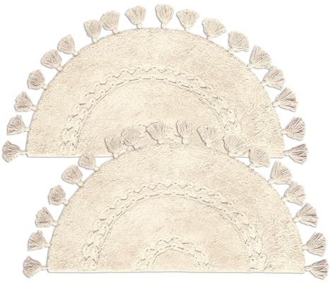 BIEN BEAU 2 Stück Halbkreis Boho Teppich mit Quasten für Ihr Badezimmer - Wunderschön handgefertigt mit Häkeleinsatz - Weiche 100% Baumwolle - Rutschfest Bohemian Schlafzimmer Badematte Dekor -