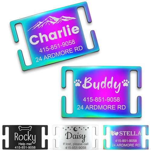 GISUREY Slide On Personalised Dog Tag, Silent Chew-Proof Dog Name Tags Personalised with Icons, Durable Stainless Steel Deep Engraved Dog Id Tag for Collar, Curved to Fit Pet’s Neck, Multicolor