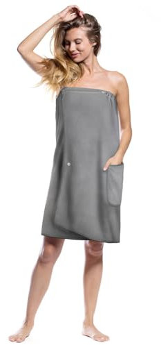 Aomig Sauna Zubehör Saunahandtuch Saunakilt Damen, Knopffrottee Saunarock, Elastische Taschen Saunakleid Damen, Grösse Anpassen Saunatuch, Hamamtuch Saunakilt Damen(Grau)