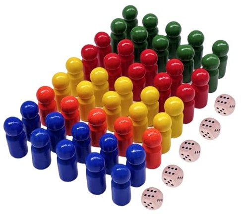 Spielfiguren aus Holz für Brettspiele, Bunte Spielfiguren, Holzpuppen Spielfiguren, 50 Stück Halmakegel aus Holz und 5 Stück Würfel aus Holz, Bunte Spielfiguren