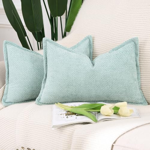 Madizz 2er Set Chenille Samt mit Rand Kissenbezüge Weiche Dekorativ Zierkissenbezüge Modern Kissenhülle für Sofa Wohnzimmer Schlafzimmer Aquagrün 30x50 cm