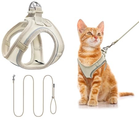 Katzengeschirr mit Leine 255cm XXXS Set, Reflektierend (Beige) | Brustgeschirr Für Katzen & Welpen, Atmungsaktives Mesh, Anti-Ausbruch, Weich, Für Spaziergang
