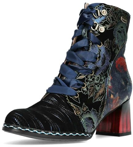 Laura Vita Damen Stiefelette Leder Blumenmuster Satinband Schnürung Gaclao 40, Größe:40 EU, Farbe:Blau