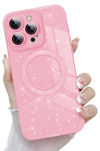 Newseego Glitzer-Hülle iPhone 15 Pro Max Kompatibel mit Magsafe, Niedlicher Bling-Kleber Magnetische Handyhülle für Mädchen Frauen, Weiches TPU Stoßfeste Schutzhülle iPhone 15 Pro Max-Rosa