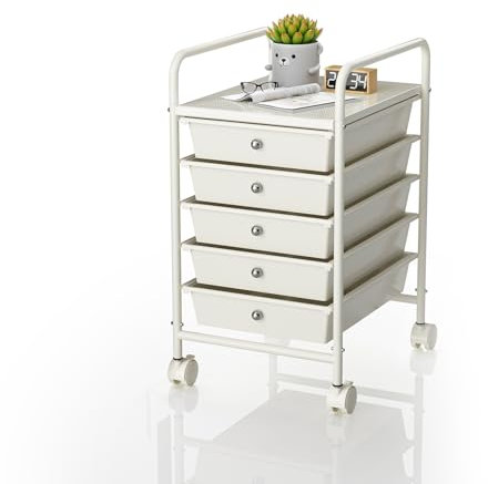 5-Drawer Mobile Rolling Storage Utility Cart - Multipurpose Plastic Storage Cart for Office, Bathroom, Kitchen - White