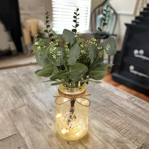 Lighted Mason Jar Centerpiece Set of 3 Eucalyptus Plant Decorative Jars Vase Farmhouse Table Decorations for Home Living Dining Room Wedding Christmas Thanksgiving Party