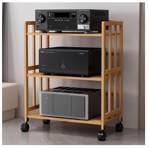 Audio Rack HiFi Regal Medien-Audio-Rack aus Bambus mit Rädern, höhenverstellbar, um 360° schwenkbar, Stereo-Standständer, AV-Regal aus Holz for Wohnzimmer, Büro, Kino, kleine Räume(W-50CM,3 Tires)