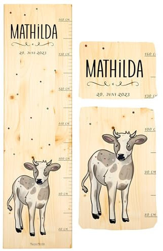 Muckelmeister Messlatte Kinder aus Holz personalisert 80-140cm - Muckelfreunde - 70x20x2cm Kinderzimmer Deko - Geschenke zur Geburt - Maßband Kinder Wand - Geschenkidee Kleinkind - Kuh