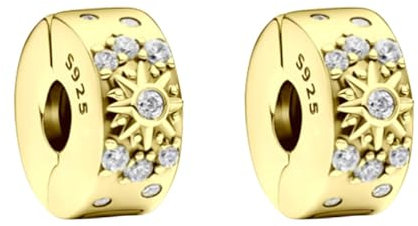 NUNUYAYA Perles Charms Argent Sterling 925 Breloque Pendentif,Clear Sparkling Sun Moon Gold Clip Bead Compatible pour Femmes Filles Européen Bracelets Colliers 2pcs / Set