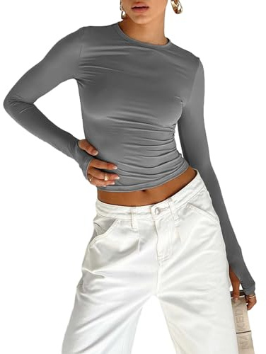 Women's Slim Fit Crop Tops Casual Solid Color Crew Neck Long Sleeve Tight T-Shirt Basic Blouse Tee Tops (X-Dark Grey with Thumb Holes, S)