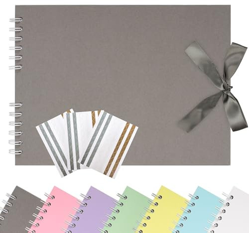 Remowith 21,5 x 15 cm Scrapbook-Album mit Band, Bastelpapier Fotoalbum für Hochzeit und Jubiläum, Familien DIY Fotoalbum mit Eckenaufklebern 40 Seiten Hellgrau