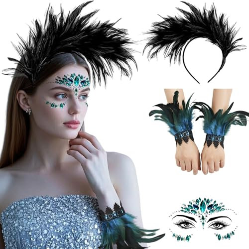 3 Stück Gothic Feder kostüm Mädchen, Pfau Kostüm Damen, Feder Haarreif, Armbänder,Tattoo Accessorie, Karneval Kostüm Damen, Krähenkostüm für Halloween Cosplay Fasching