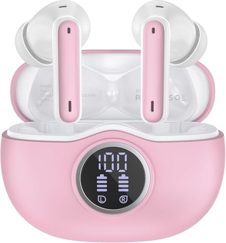 Auriculares Inalambricos Bluetooth, Cascos Inalámbricos Bluetooth 5.4 HiFi Estéreo con HD ENC Mic 50 Horas Auriculares Inalambricos con LED Pantalla IPX7 Headphones Compatible iOS y Android rosa