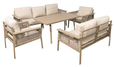 SHATCHI Premium Aluminium Garden Furniture Set – 7 Seater Patio Lounge Sofa Set Loveseat, Chairs, Cushions and Dining Table – Modern Poly Rattan Design – Weather-Resistant, Beige