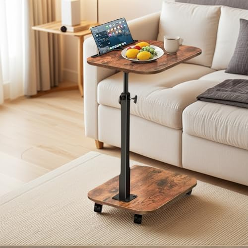 Neulriscn C Shaped Side Table, Adjustable Height Sofa Side Table on Wheels, 360 Swivel and Tilt End Couch Table, Metal Frame, Slide Under Sofa Table, Coffee Desk Snack Tray for Living Room, Bedroom