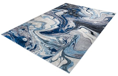 Moderner XXL Teppich ART RUGS 350x240cm grau blau weiß - Baumwollmischung | Fußbodenheizung geeignet, langlebige Verarbeitung, hochwertige Verarbeitung, vielseitig kombinierbar, für Wohnräume