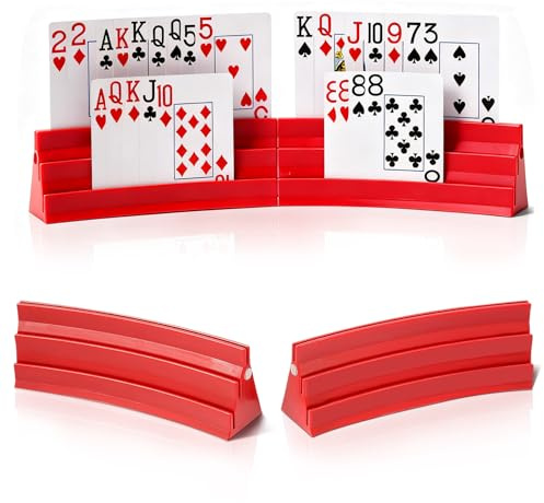 Euablfo 4 Stück Kartenhalter Spielkarten, 3 Rampen Spielkartenhalter zum Hinstellen Stackbar mit Magnetische Montagekarten Halterung, Befreien Sie Ihre Hände, für Erwachsene und Senioren Rot