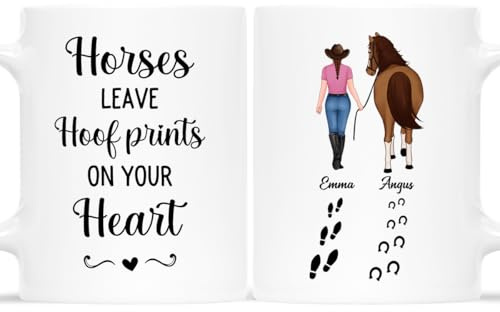 Personal Chic Custom Mug Name - Horses Leave Hoof Prints On Your Heart - Horse Mugs for Girls, Horse Lovers Gifts, Personalised Cup, Horsey Gifts Girls (Model #1)