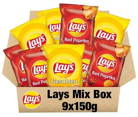 Lays Chips Mix 9x150g – Kartoffelchips im Großpack – Red Paprika & Salted – Knuspriger Snackmix aus gewürzten und gesalzenen Chips – Party Pack Vorratspackung