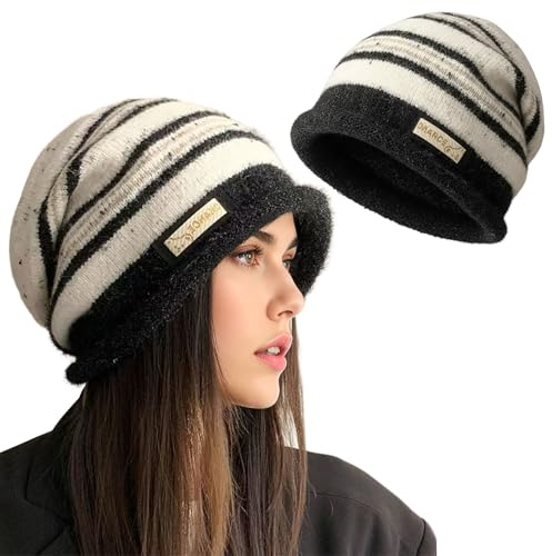 FYting Mütze Damen,Damenmützen,Hüte, Mützen Caps für Damen,Hut Winter Schwarz,Weicher und Bequemer Warmer Gestrickter Hut, Modische Lockige Kanten, für Den Winter, Weihnachten (Schwarz Weiß)