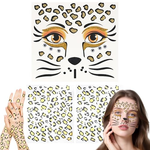 Wareet 3 Stück Face Art Sticker Leopard,Gesichtstattoo,Leopard Schminke,Gesichtstattoo Leopard,Gesicht Aufkleber,Klebetattoos Temporäre Tattoos für Kinder Party Halloween Party Karneval