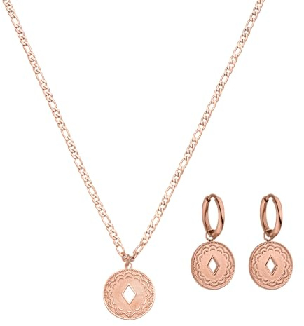 Purelei Lolani Set – 2-teiliges Schmuckset aus Lolani Kette & Lolani Creolen – Edelstahl, wasserfest, 18K vergoldet – gemusterte Coin-Anhänger – verstellbare Kette 45–50 cm