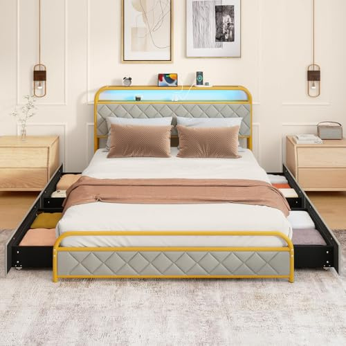 COSTWAY 5FT King Size Bed Frame with RGB LED Lights, Charging Station, Upholstered Storage Headboard & 4 Underbed Drawers, Faux Leather Metal Slats Support Platform Bed Mattress Base (Gold, 5FT King)