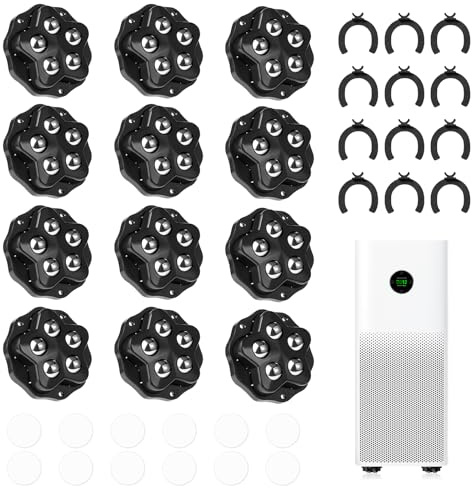 Yeria 12 Stück Selbstklebende Möbelrollen mit 5 Edelstahl,Kugeln – Flache Kugelrollen für Möbel, Schwerlast bis 100 kg pro Roller, Inkl. Stopper & Klebepad, Leise, Schutz für Boden Möbel(Schwarz)