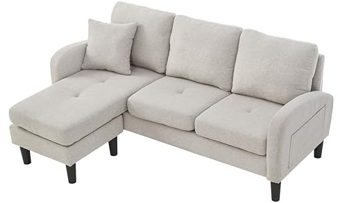 WEALTHKING L-Ecksofa Chaiselongue 3-Sitzer Cordbezug Modularsystem umstellbar Links-Rechts-Wechsel Ottomane Polstersitz Kompaktformat Wohnzimmer Apartment Büro Komfortkissen Kunststofffüße (Weiß)