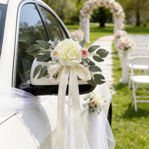 2Stk Autoschmuck Hochzeit Blumen, Auto Deko Hochzeit Künstliche Weiße Rosen | Vintage Hochzeitsdeko Auto für Motorhaube Stuhl
