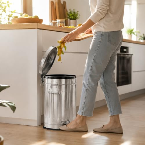 Treteimer 5L aus Zink, Silber, Ø21 x 32 cm – Kosmetikeimer mit Soft-Close Deckel, Pedaleimer mit herausnehmbarem Inneneimer, Badezimmer Mülleimer, Abfalleimer Metall für Bad, WC, Büro Zink Eimer