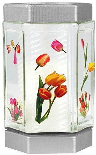 HS Candle Windlicht aus Glas, 16cm - Ø9.5cm, mit vers. Stickerbögen zum selbst bekleben (Farbe: Silber, Sticker: Tulpen 1)