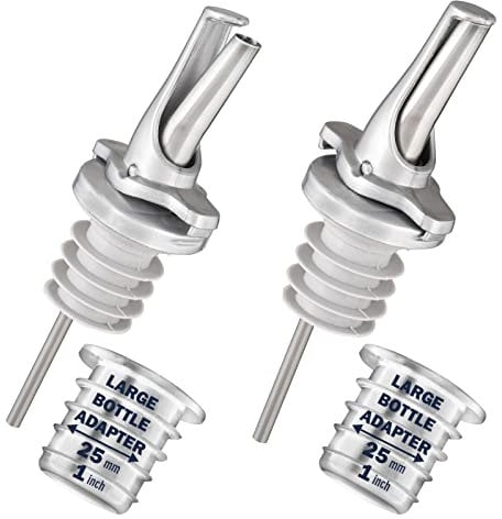 Poura Verseur de Boissons alcoolisées - Verseur d'alcool breveté - Verseur de vin et d'huile - Doseur de Bouteille précis - Convient à la Plupart des Bouteilles - Argent - 2 avec adaptateurs
