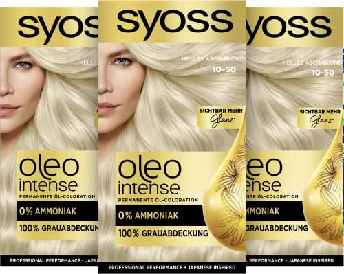 Syoss Oleo Intense Öl-Coloration 10-50 Helles Asch-Blond Stufe 3 (115 ml), dauerhafte Haarfarbe mit pflegendem Öl, Coloration ohne Ammoniak