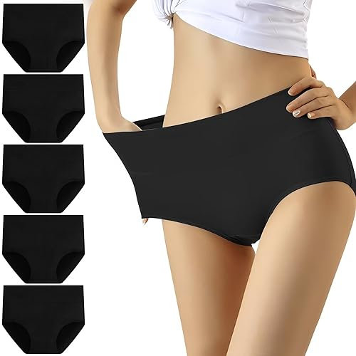 YouShow Culottes Femmes Coton Taille Haute Lot de 5 Slips Elasticité Ventre Plat(Noir,XL)