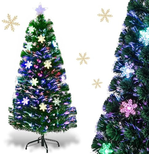 RELAX4LIFE Albero di Natale Artificiale 120 cm con Luci in Fibre Ottiche e Addobbi: 1 Stella e 18 Fiocchi di Neve a LED, 120 Rami Folti e Realistici in PVC, Base Pieghevole in Ferro