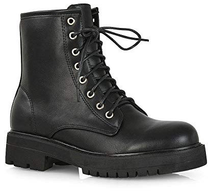 ESSEX GLAM Chunky Damen-Stiefeletten, Schnürstiefel, Reißverschluss, Plateau, lässig, Kunstleder, Biker, Kampfstiefel, Größe 36-42, Schwarzes Kunstleder, 39 EU